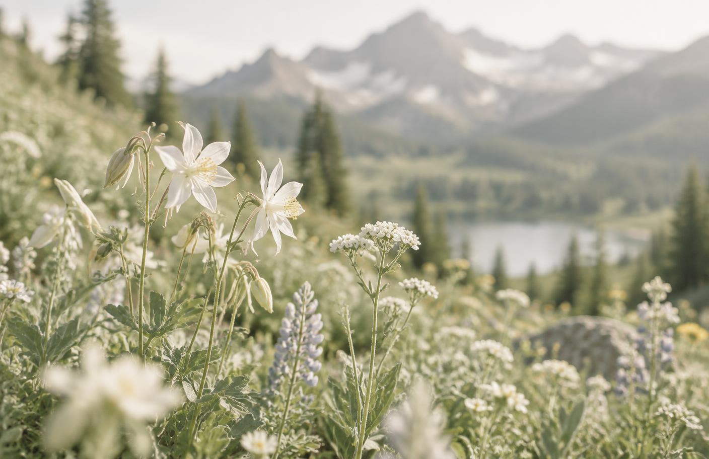 Alpine wildflowers in a soft Colorado meadow
