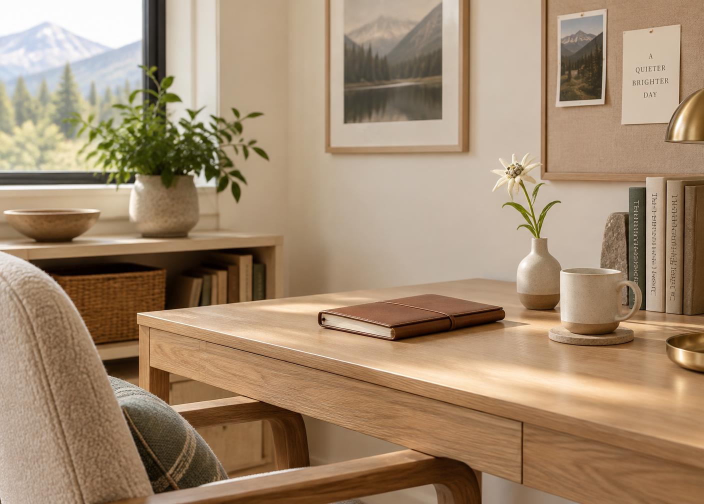 Warm, light-filled office desk with a notebook and a single alpine wildflower